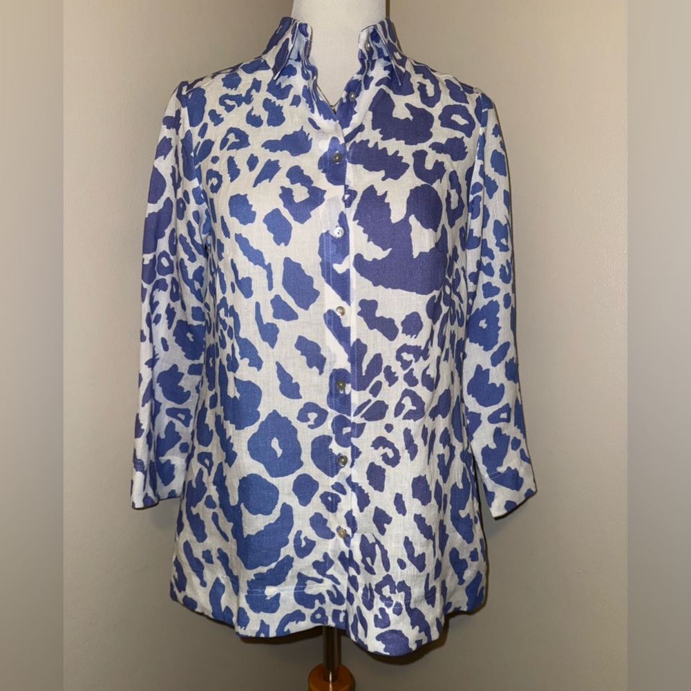 i Linen Natural Lifestyle Collection 100% LinenTop,Size-Small,Periwinkle/White